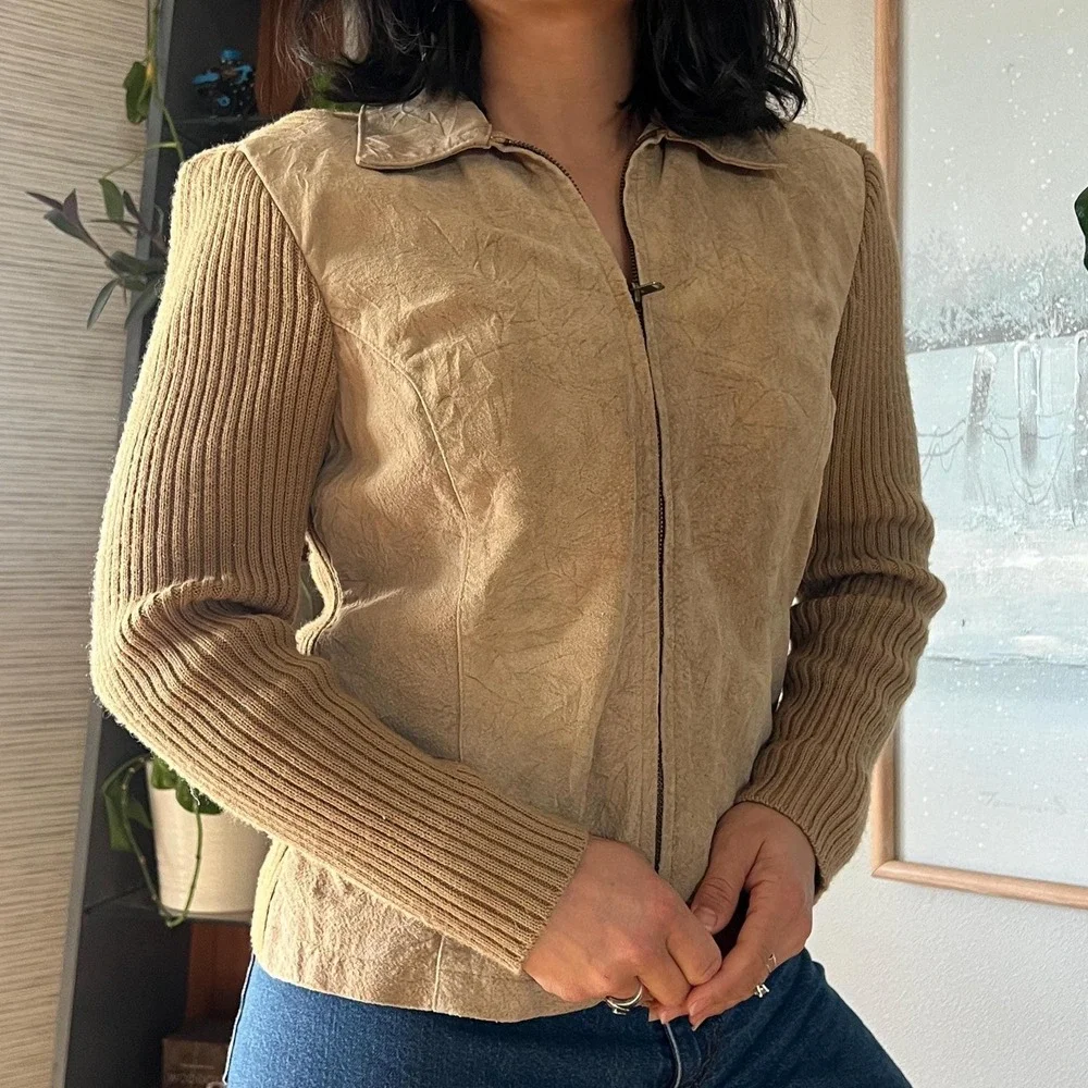 Vintage Leather Suede Knit Jacket Tan Zip Up Fitted Equestrian Minimal 90s‎